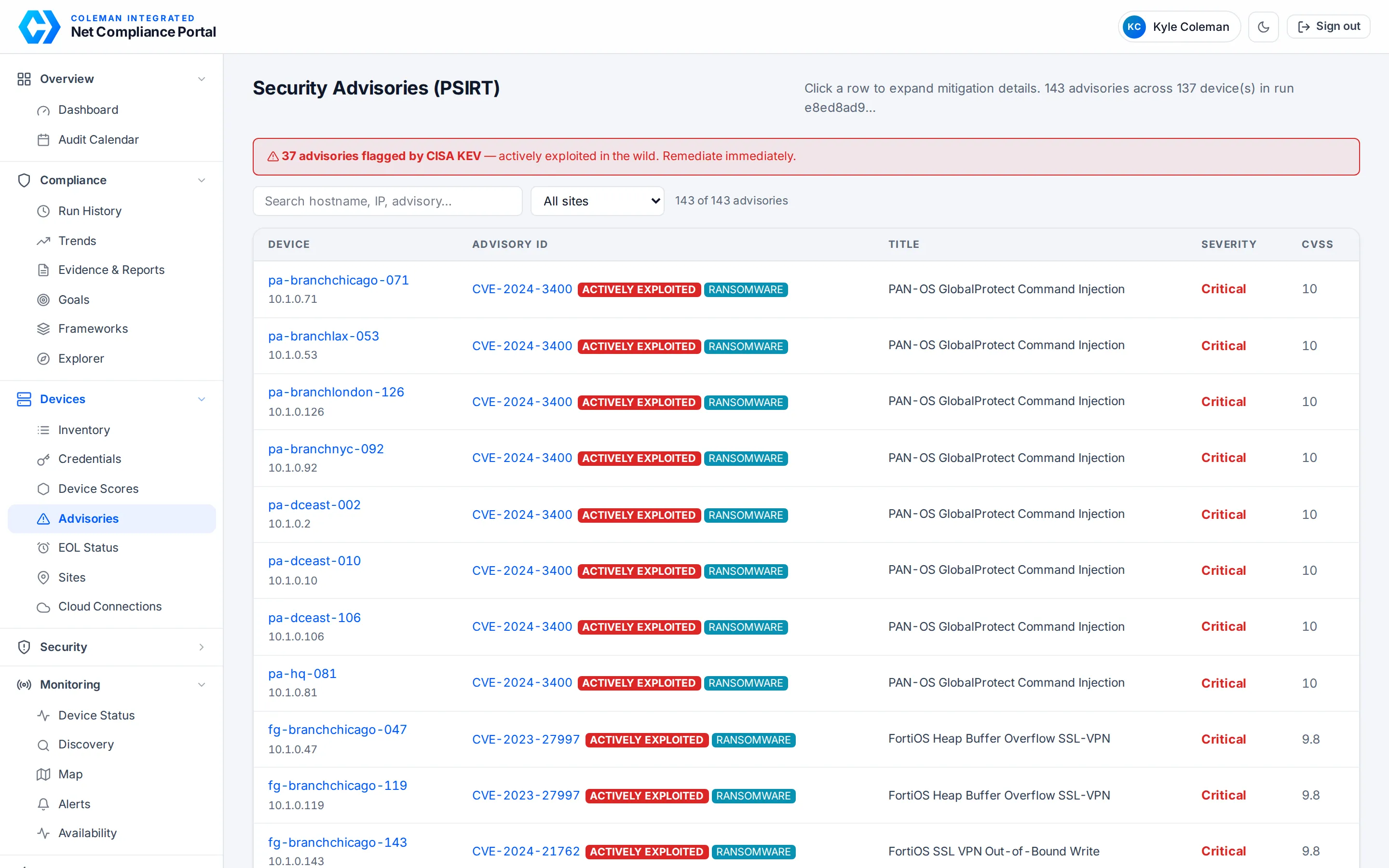 Security Advisories page listing CVEs per device with actively-exploited and ransomware badges, severity and CVSS
