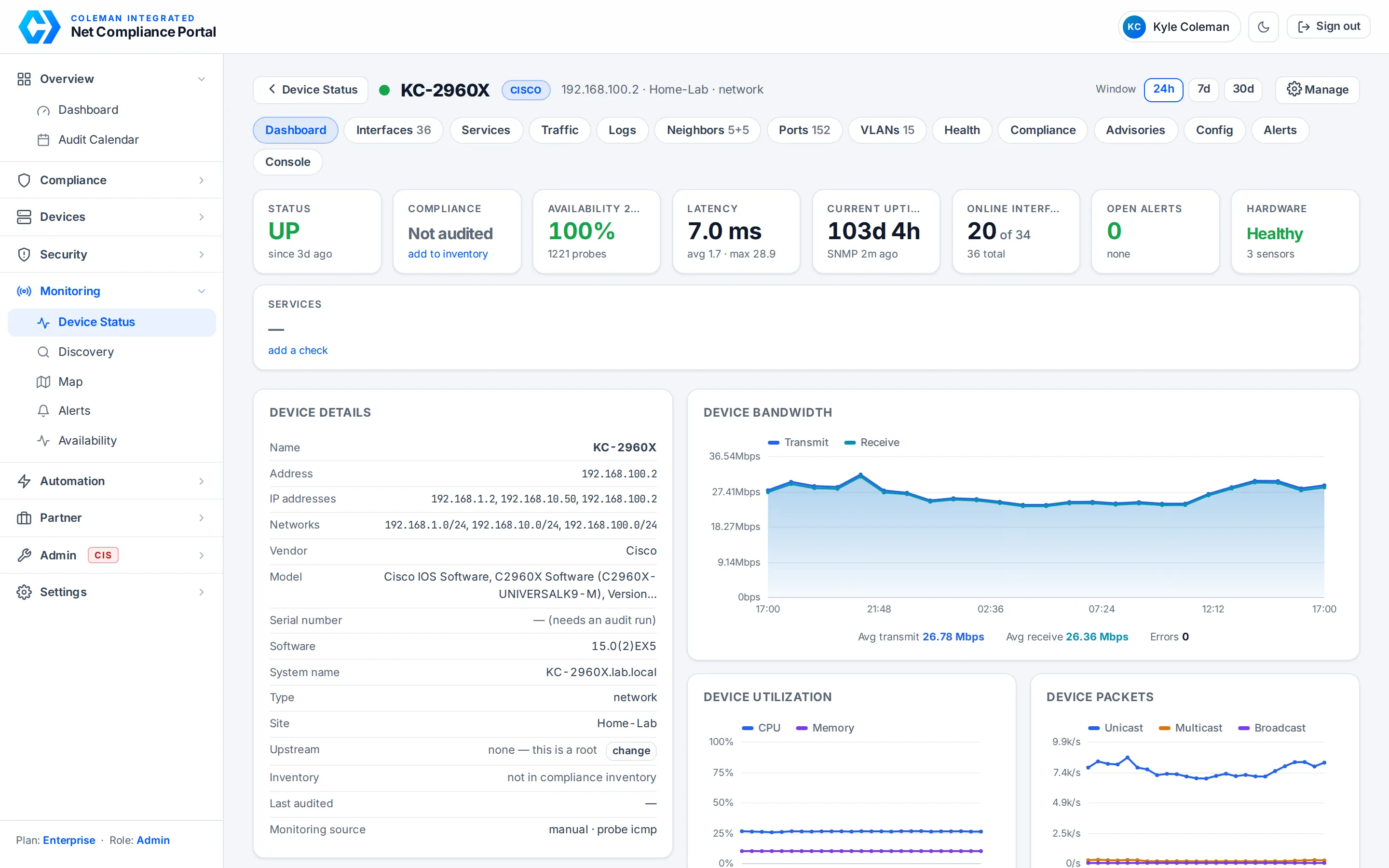 Device 360 page in the Net Compliance portal: live status, availability, latency, bandwidth, CPU and memory charts for a Cisco Catalyst switch