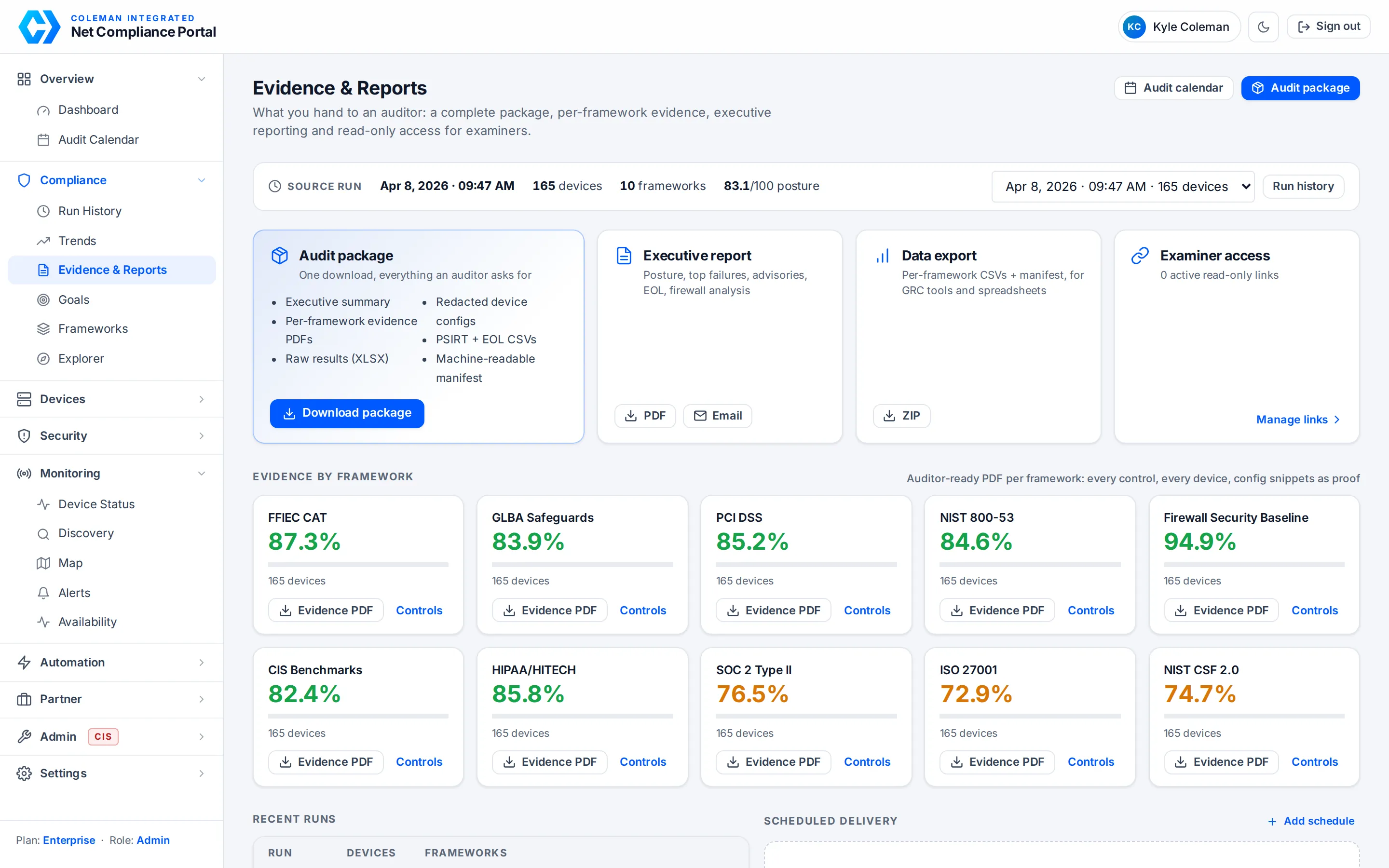 Evidence and Reports page: audit package download, executive report, data export, examiner access and per-framework evidence PDFs with scores